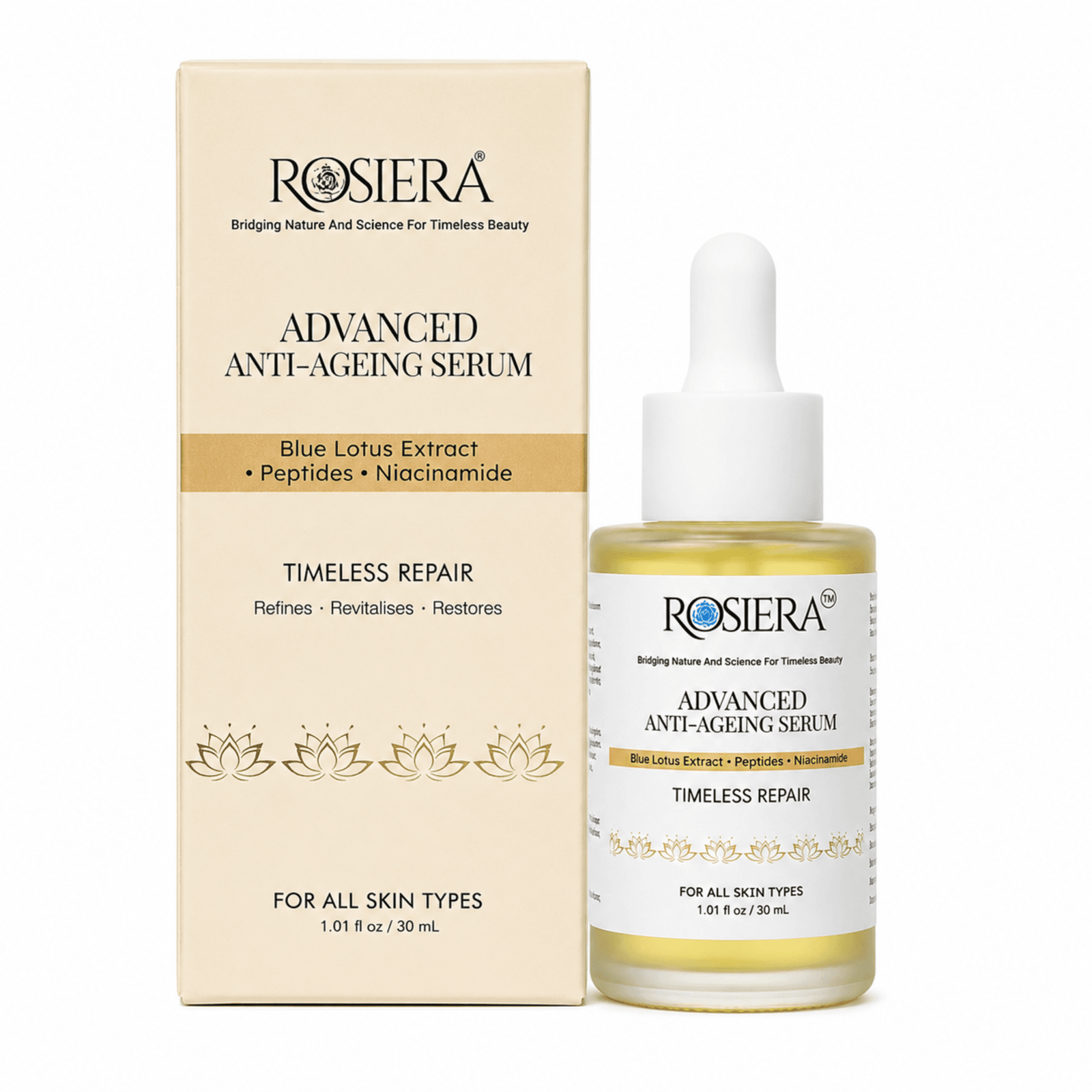 rosiera-advanced-anti-aging-serum-timeless-repair Front view of Rosiera Advanced Anti-Aging Serum 30ml bottle premium packaging for glowing skin.