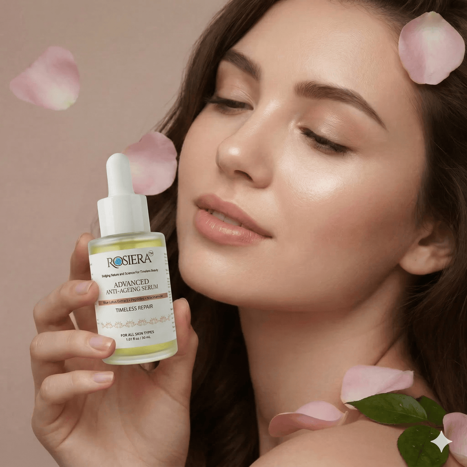 A woman with radiant, healthy skin holding a bottle of Rosiera Advanced Anti-Ageing Serum, surrounded by floating pink rose petals.