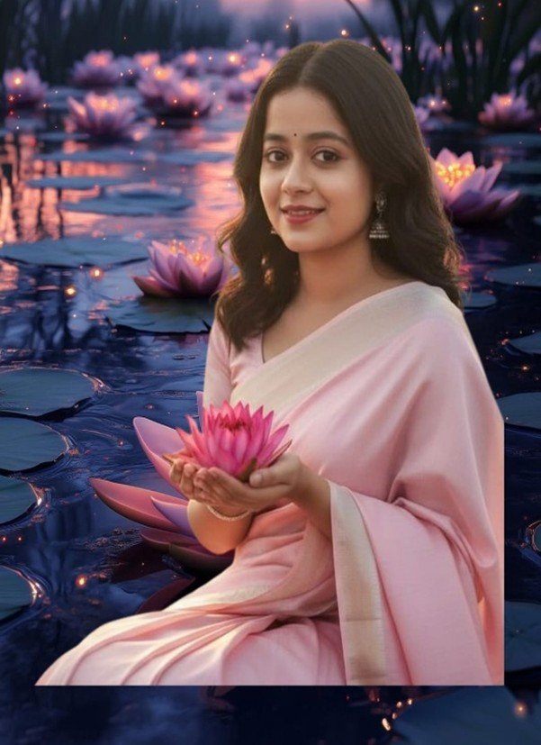 Elegant woman holding lotus flower by water, representing natural skin ageing and timeless beauty.
