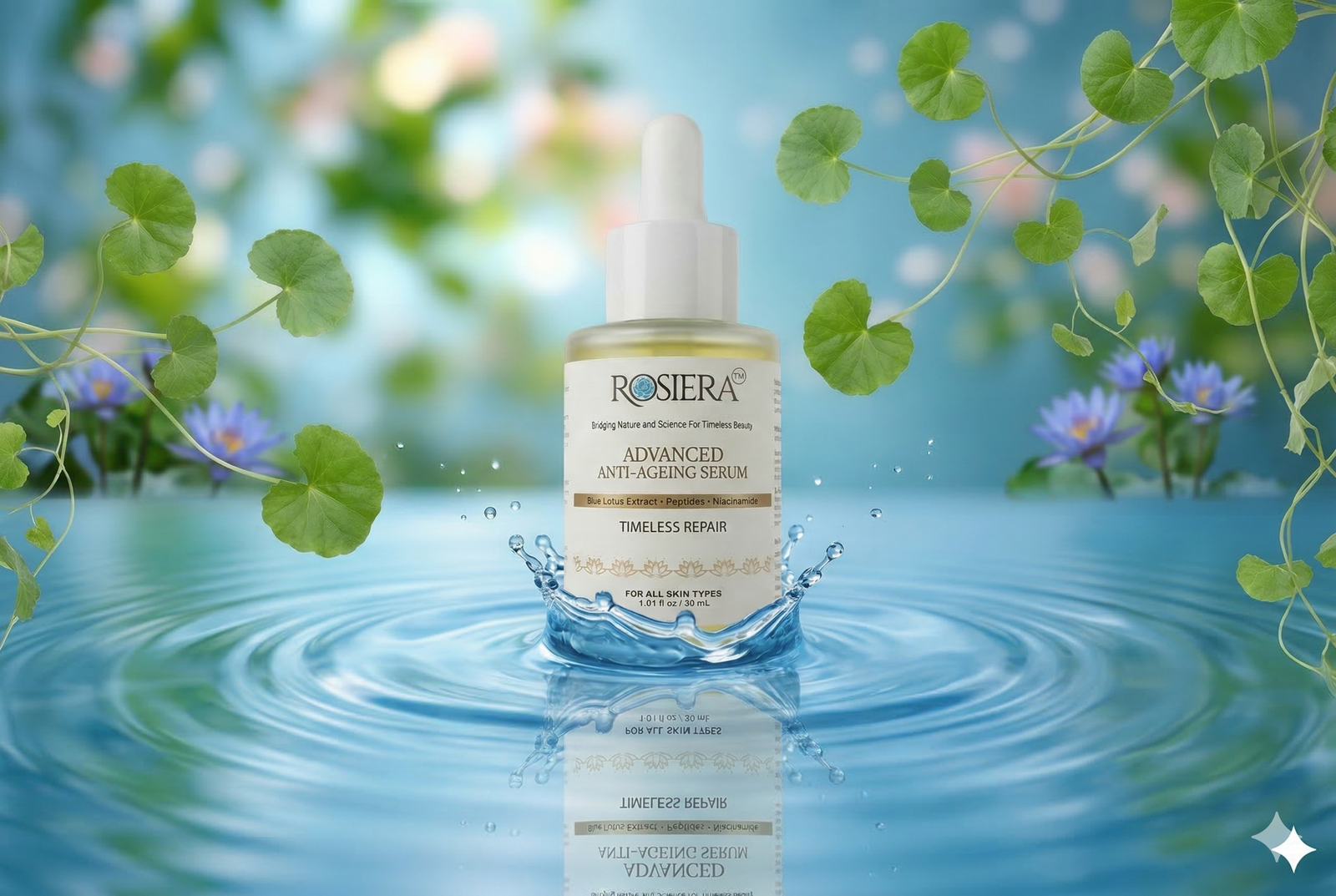 Rosiera Advanced Anti-Ageing Serum bottle centered in a water splash, surrounded by Blue Lotus flowers and green Gotu Kola leaves.