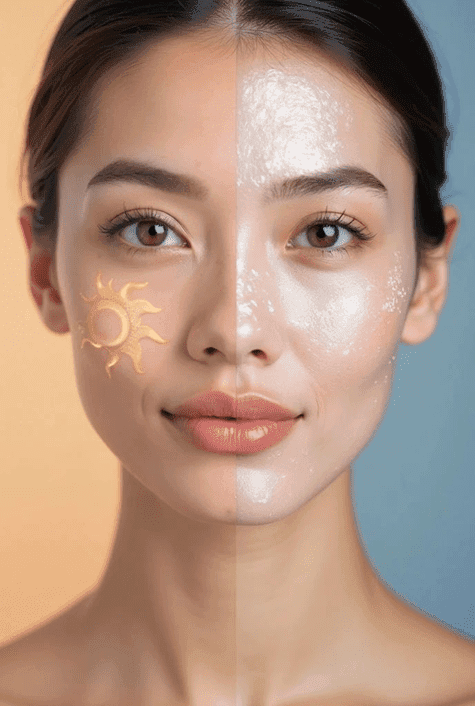 A split-screen illustration of a morning and night skincare routine, featuring sun and moon symbols to show the different steps for day protection and evening repair.