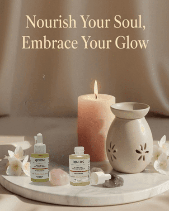 A serene lifestyle display of Rosiera Timeless Repair Serum bottles next to a ceramic aroma burner and a candle with the text "Embrace Your Glow."