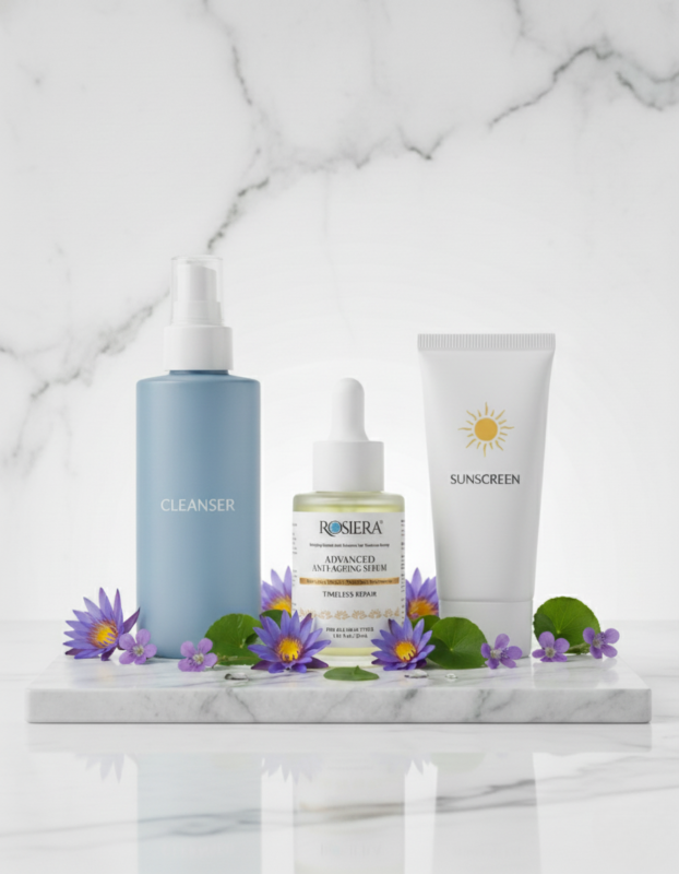 A 3-step minimalist skincare routine featuring Rosiera Serum and SPF protection.