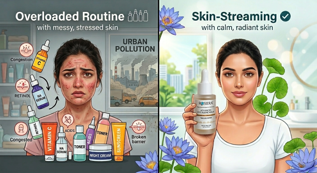 Comparing damaged skin barrier from too many products vs healthy skin with minimalist skincare