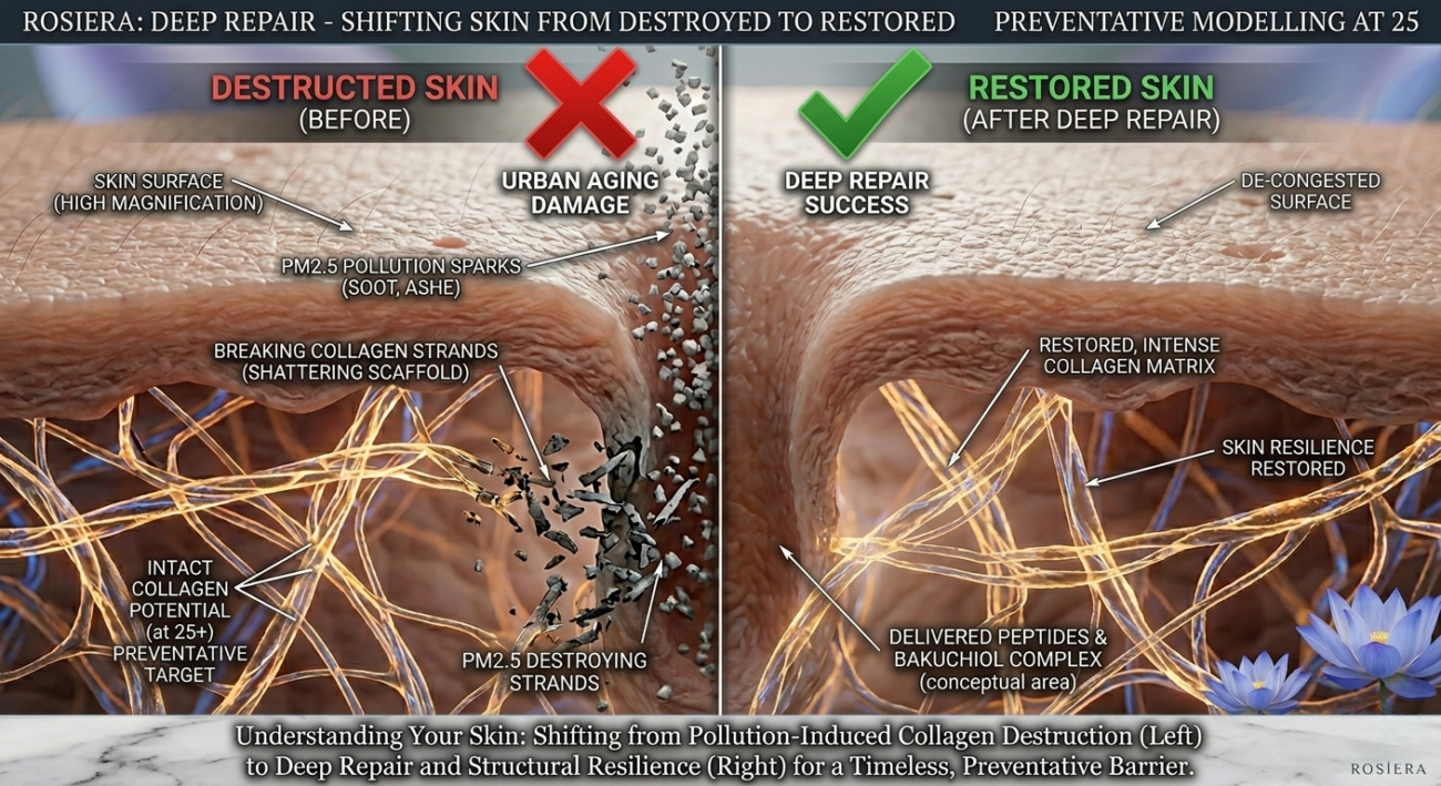 Microscopic view of PM2.5 pollution causing collagen breakdown and premature aging in Indian skin.