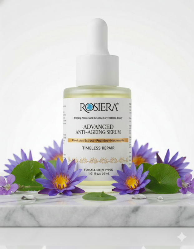 ROSIERA Timeless Repair Serum with Blue Lotus Centella asiatica and Bakuchiol and Peptides for minimalist anti-aging skincare