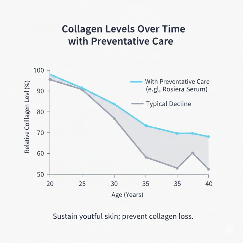 Collagen levels in skin with preventative skincare vs no skincare for 25 year olds.