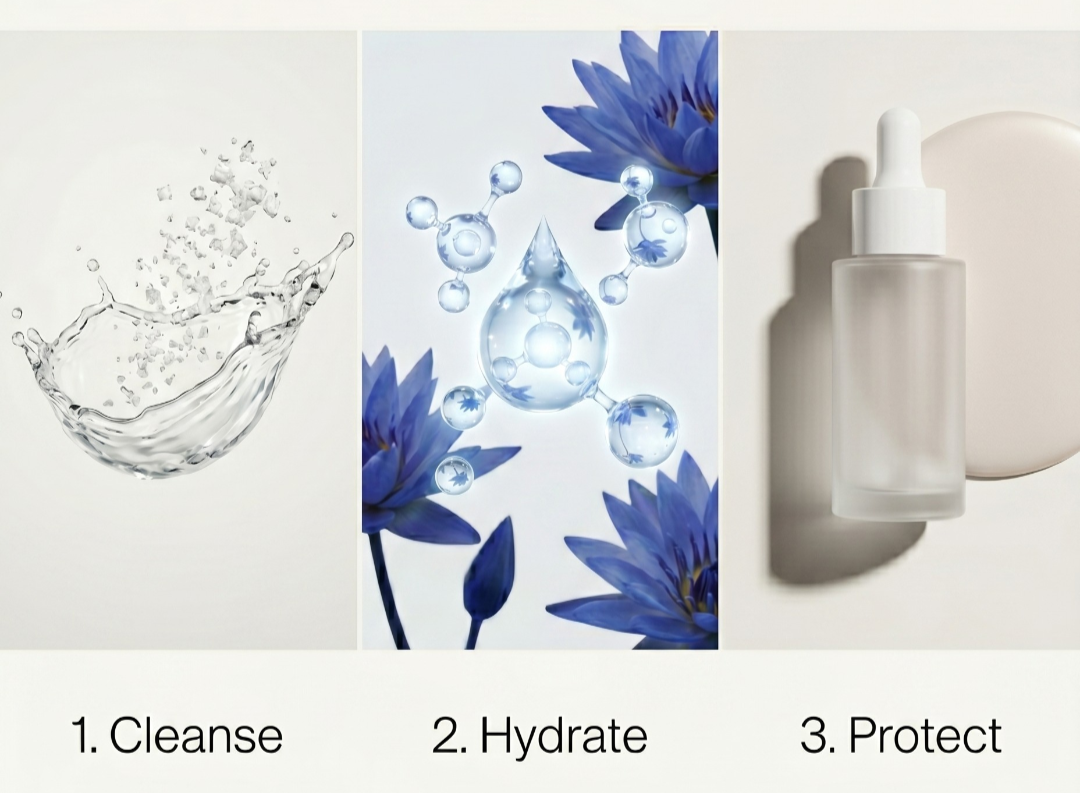 High-end 3D infographic of a 3-step hard water skincare routine showing a low-pH cleanser, weightless multi-molecular hydration with blue lotus extract, and a protective skin barrier finish.