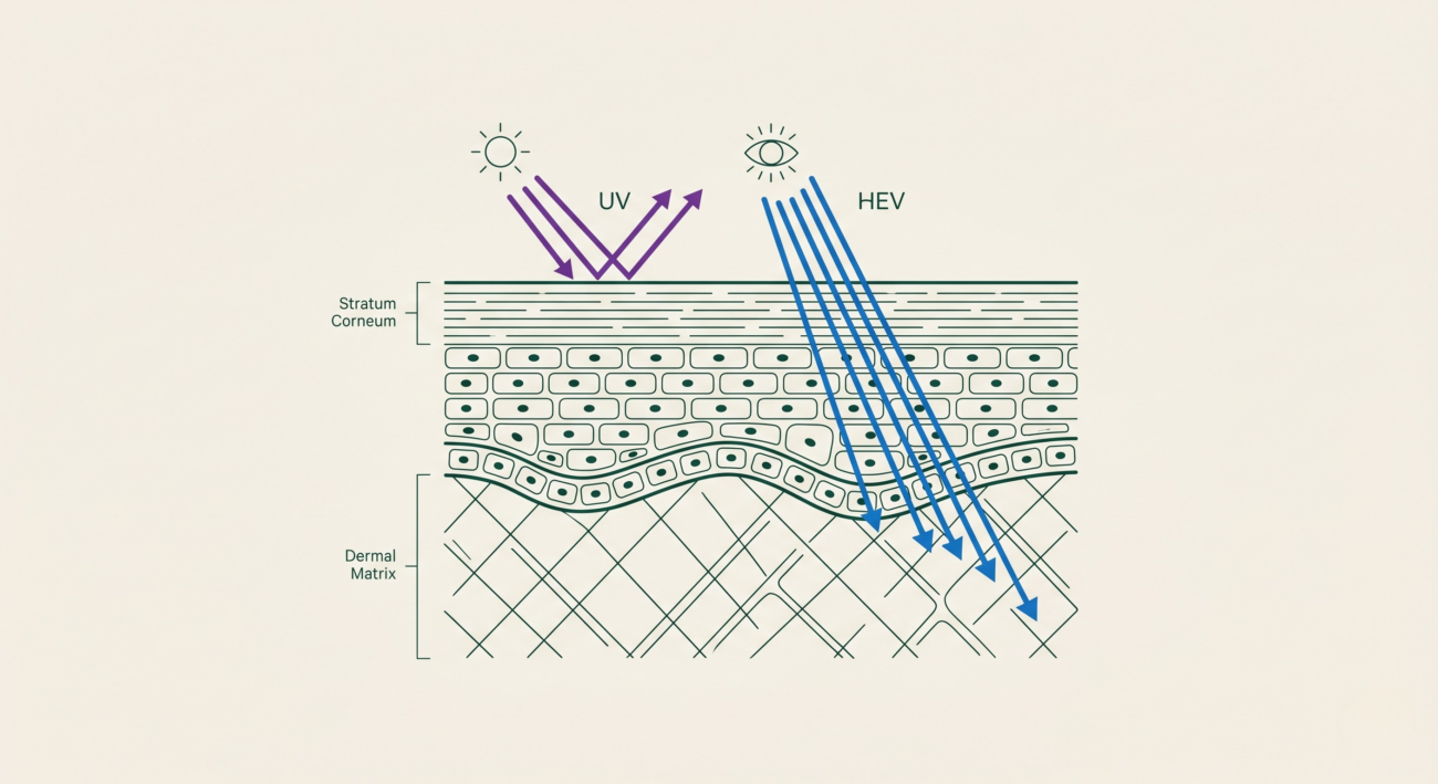 hev-blue-light-skin-barrier-penetration.jpg Scientific diagram detailing HEV blue light skin damage penetrating deeper than UV rays into the dermal layers.