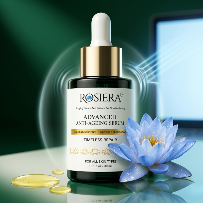 blue-lotus-extract-antioxidant-serum.jpg A luxury product shot of Rosiera serum next to a blue lotus flower representing defense against blue light skin damage.