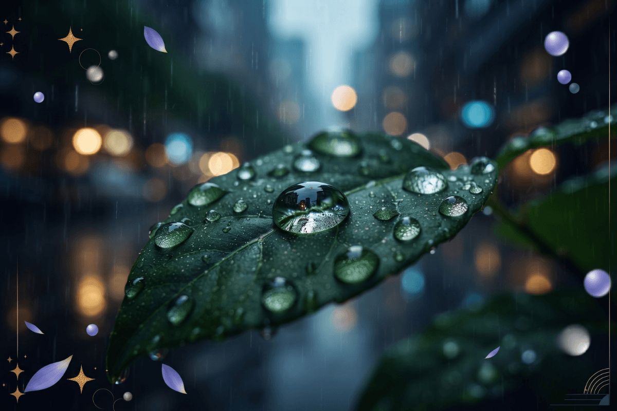 Why Monsoon Humidity is Secretly Aging Your Skin (And How to Stop It) 2 Macro shot of a green leaf heavy with rain and blurred city lights, representing the monsoon humidity and pollution that causes environmental skin damage.