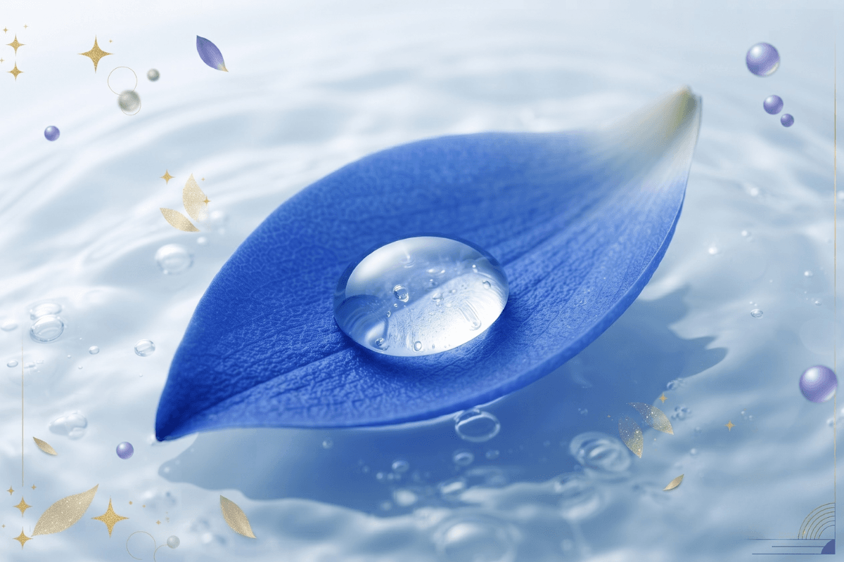 Why Monsoon Humidity is Secretly Aging Your Skin (And How to Stop It) 3 A clear drop of climate-smart hydrating serum resting on a blue lotus petal over crystal-clear water, highlighting weightless monsoon skincare ingredients.